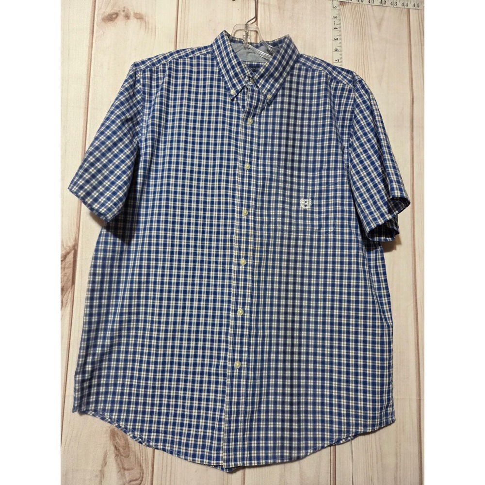 Mens Large Blue Plaid Check Button Down‎ Short Sleeve Shirt